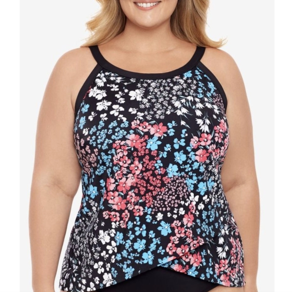 Swim Solutions Floral Angled High Neck Tankini Top Multicolor 18W